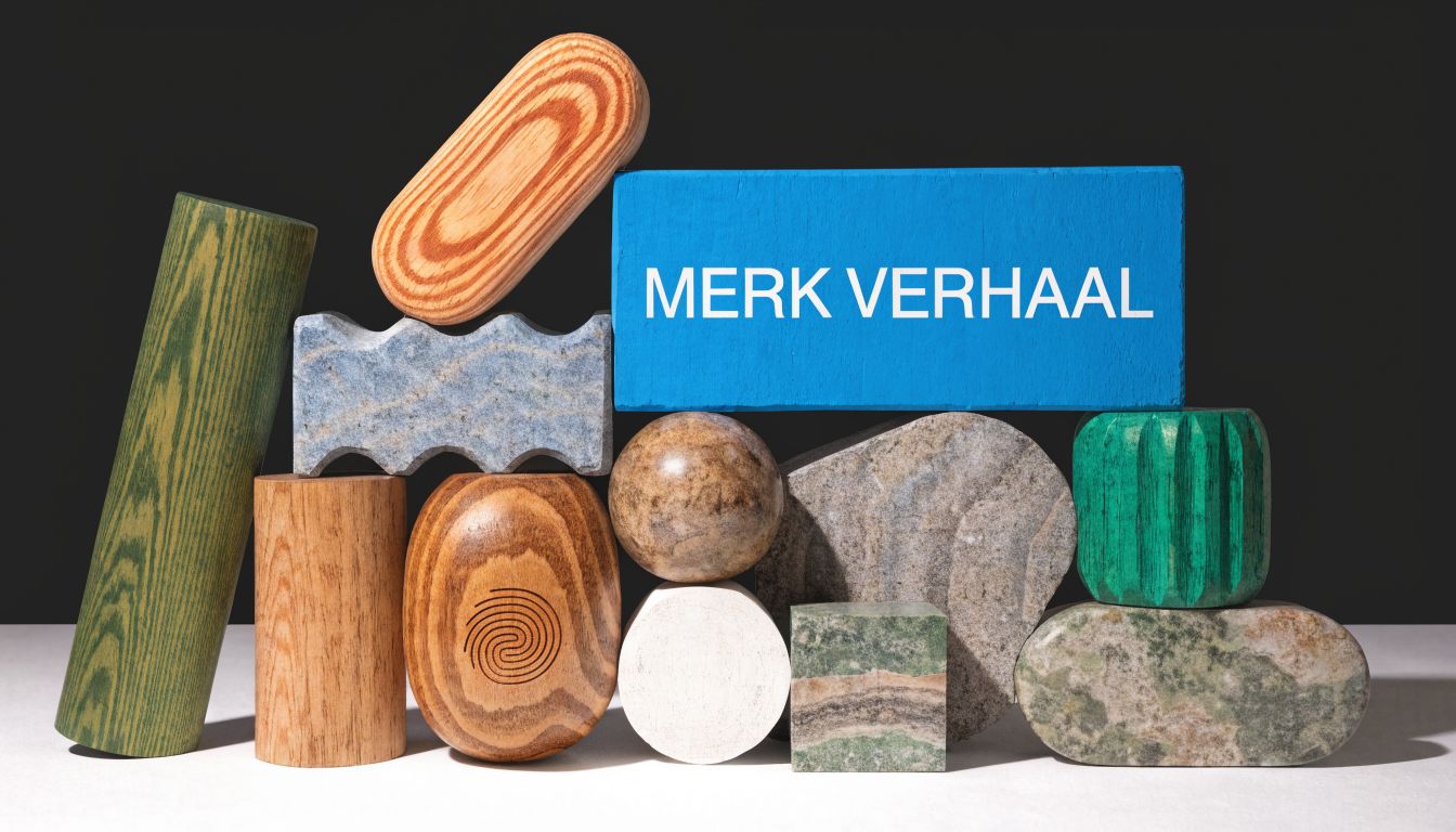 Een artistieke compositie van abstracte houten en stenen objecten met een blauw blok met de tekst 'MERK VERHAAL'.