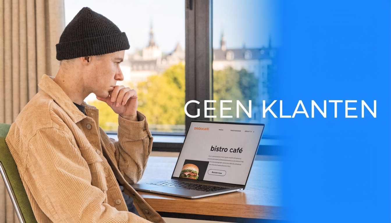 Een jonge man met een muts kijkt peinzend naar een laptop waarop een website voor een restaurant staat.