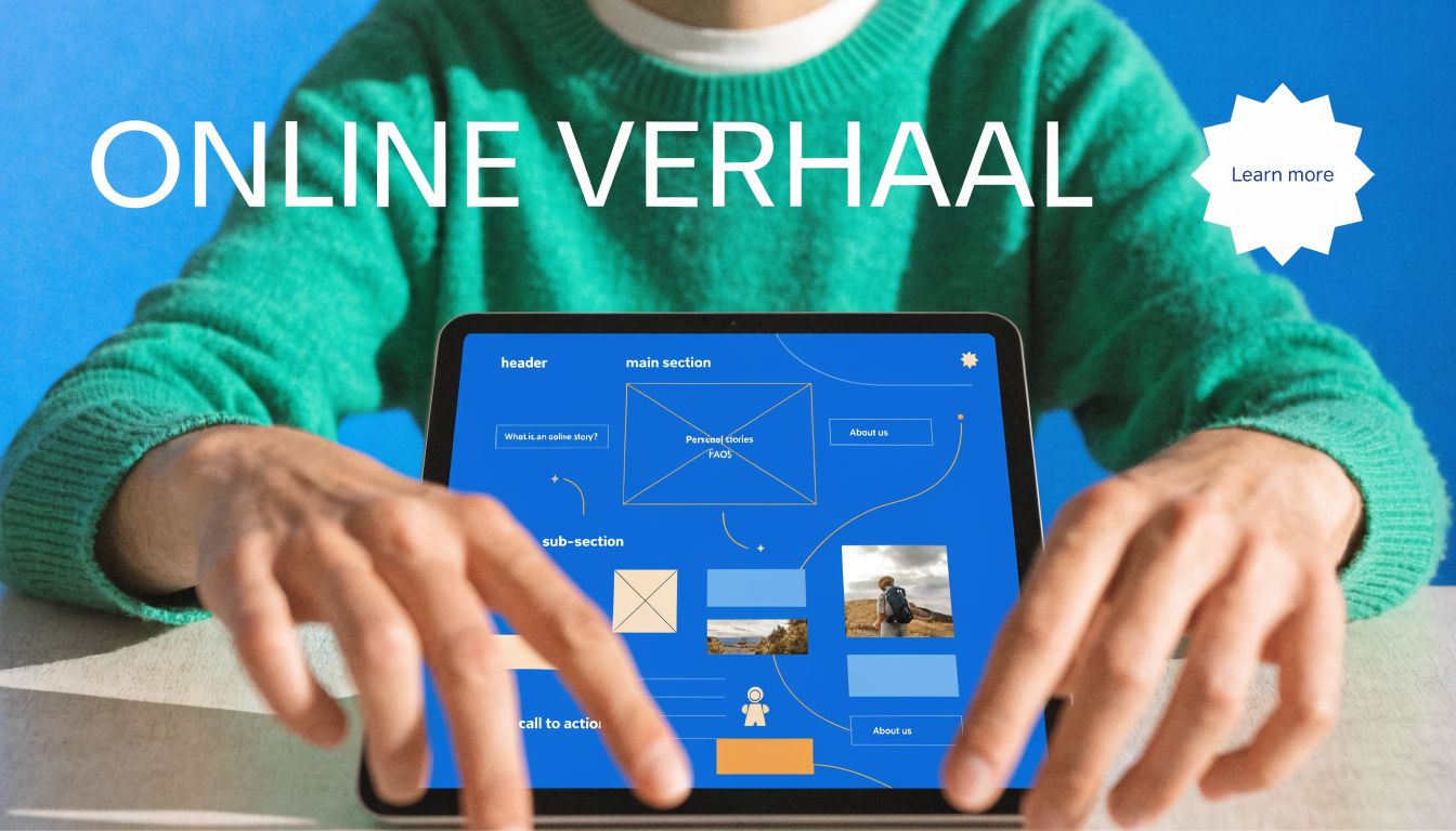 Een persoon in een groene trui bekijkt een ontwerp voor een website op een tablet.