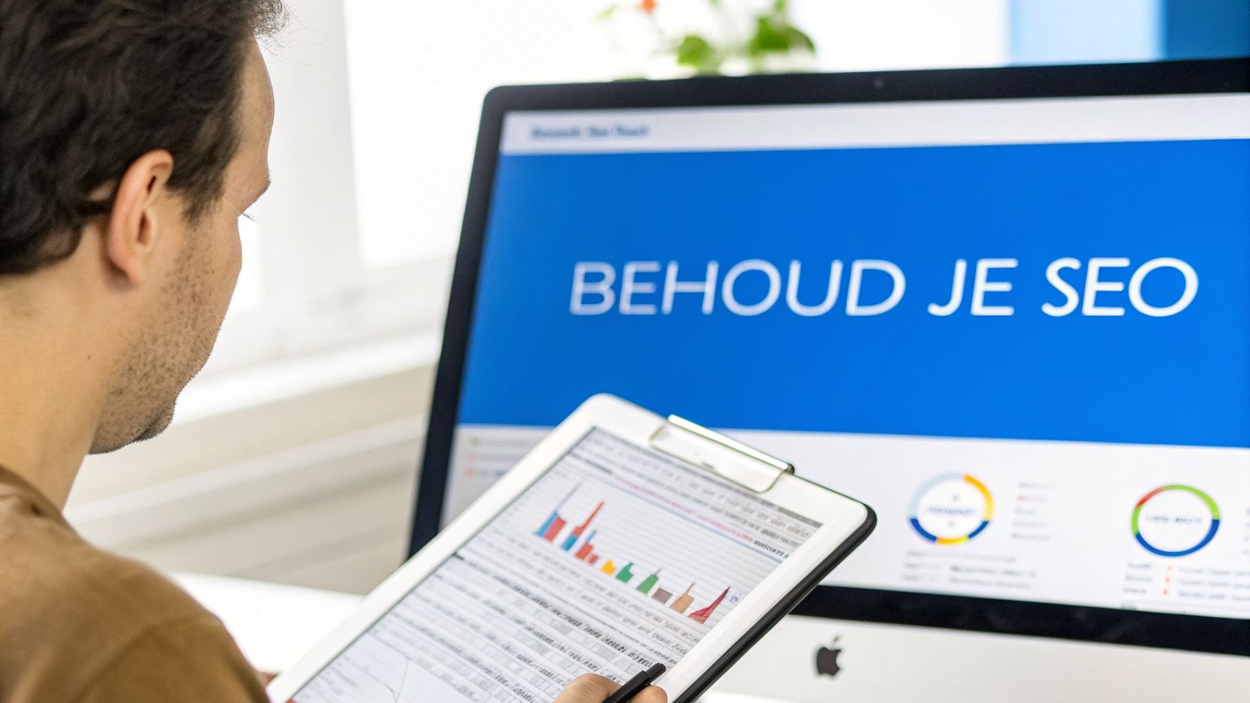 Persoon analyseert SEO-gegevens op een computerscherm en tablet, met de tekst 'BEHOUD JE SEO' zichtbaar.