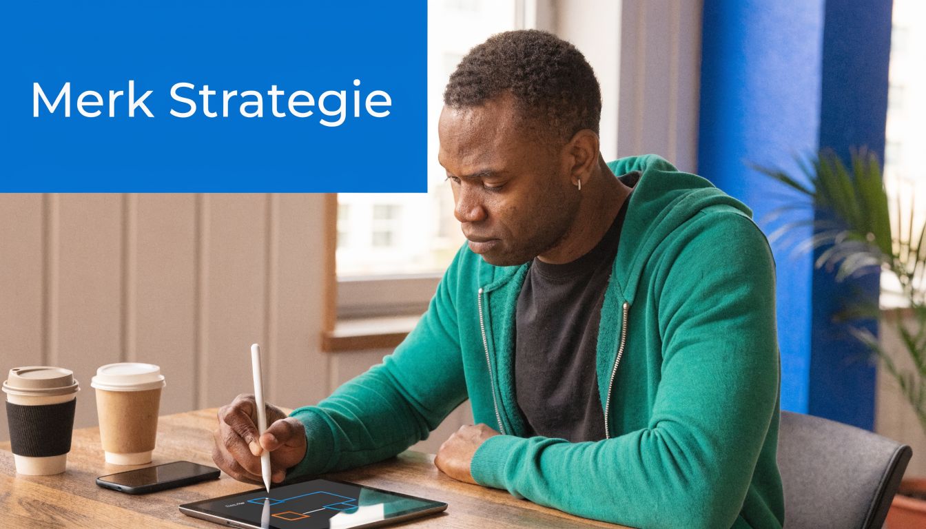 Een man in een groen vest werkt aan een merkstrategie op een tablet aan een houten bureau.