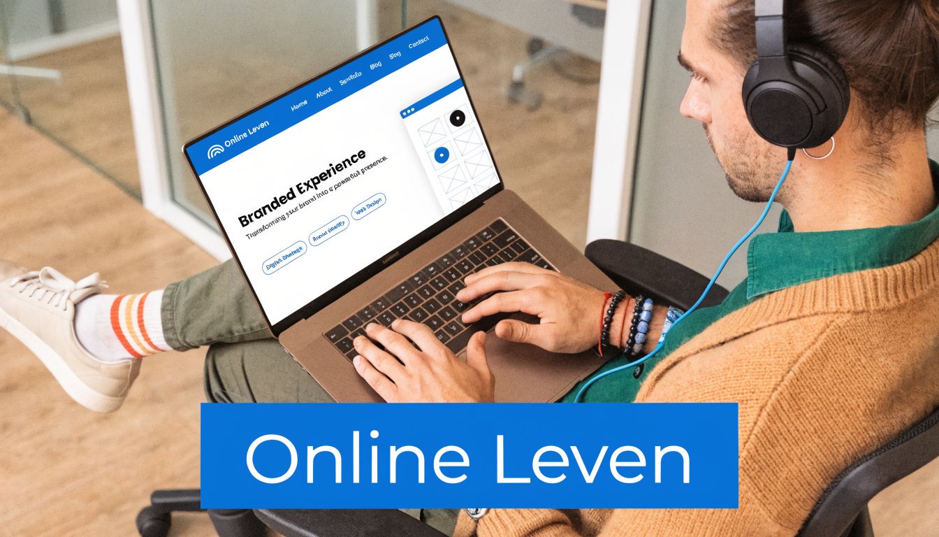 Een man met een koptelefoon werkt achter een laptop aan een strategie voor een online merk.