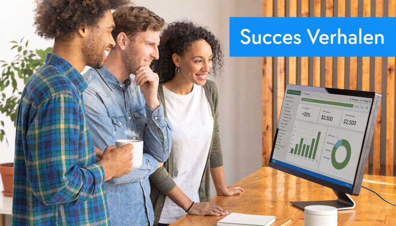 Drie collega's kijken samen naar een computer met een dashboard over bedrijfsresultaten en succesverhalen op het scherm.
