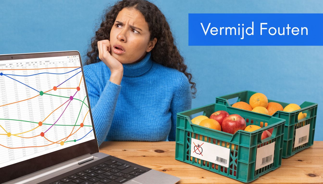 Een verwarde vrouw kijkt naar een laptop met een grafiek naast twee kisten vol met fruit.