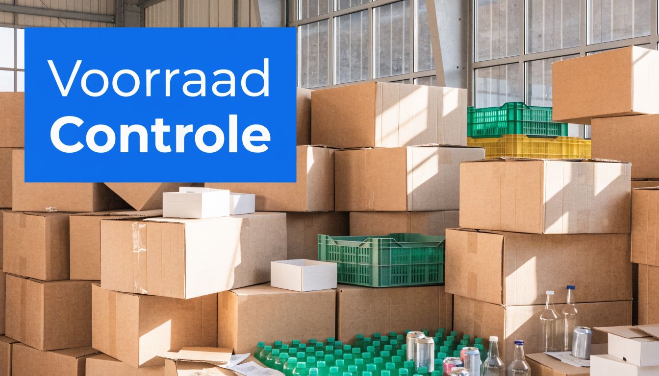 Stapel kartonnen dozen en plastic kratten in een magazijn met de tekst Voorraad Controle in beeld.