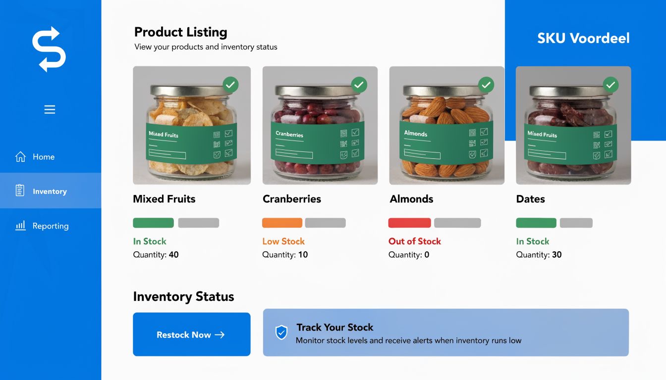 Een overzichtspagina van een inventarisbeheersysteem genaamd SKU Voordeel met productvoorraden en statusinformatie in een dashboard.