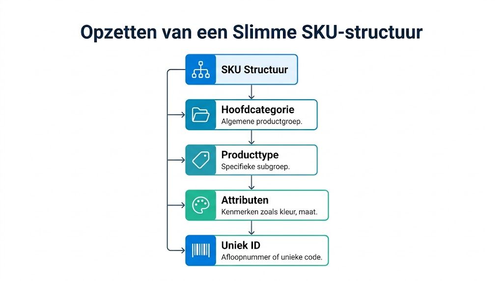 Een stroomschema dat de stappen toont voor het opzetten van een effectieve en logische SKU-structuur voor producten.