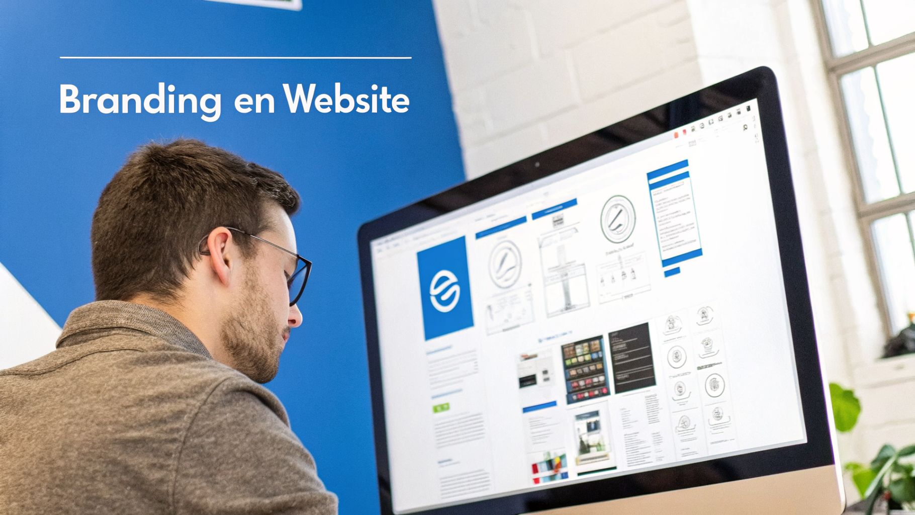 Jonge man ontwerpt branding en website op een computerscherm, met blauwe muur en tekst 'Branding en Website'.