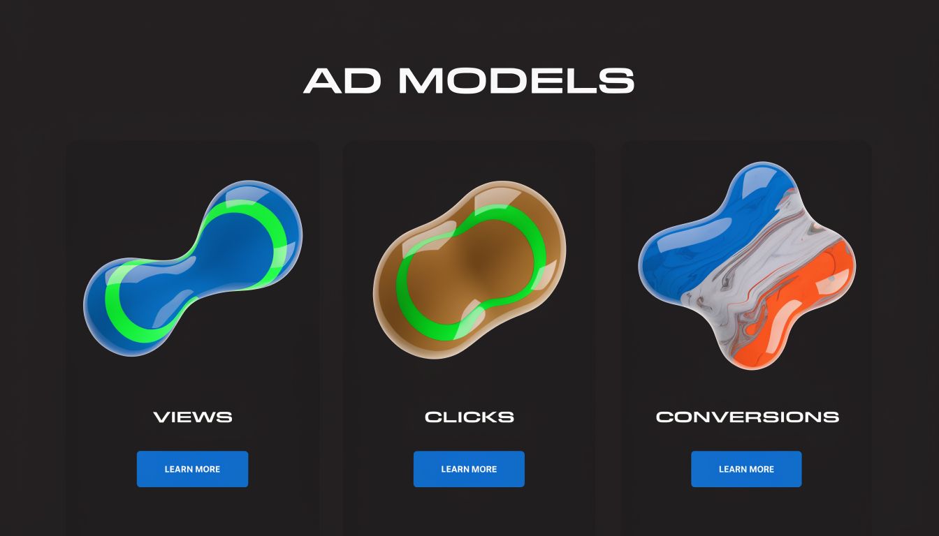 Drie abstracte 3D-objecten in een sectie met de titel advertentiemodellen, inclusief knoppen voor meer informatie over views, clicks en conversies.