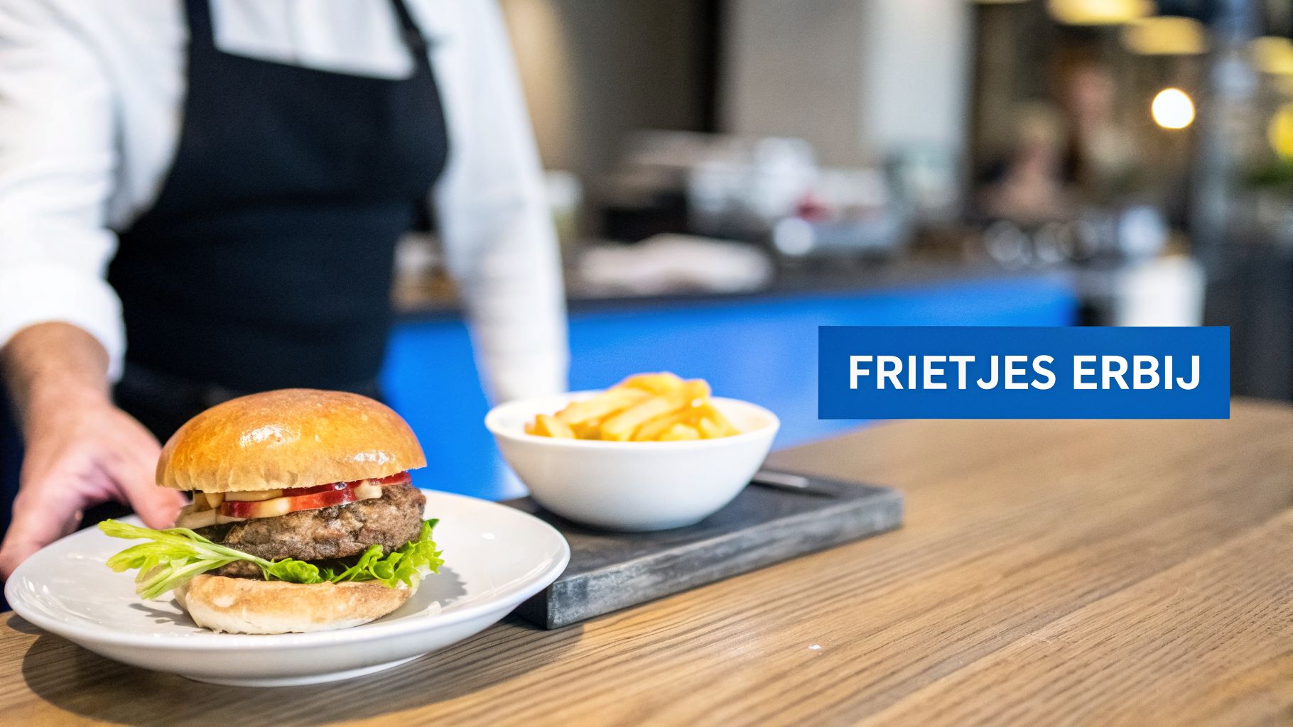 Een persoon in een zwart schort serveert een hamburger met verse frietjes op een houten tafel in een restaurant.