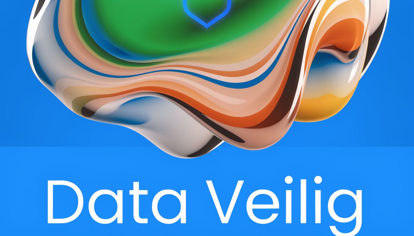Een abstract logo in de vorm van een abstracte vorm met de tekst Data Veilig eronder.