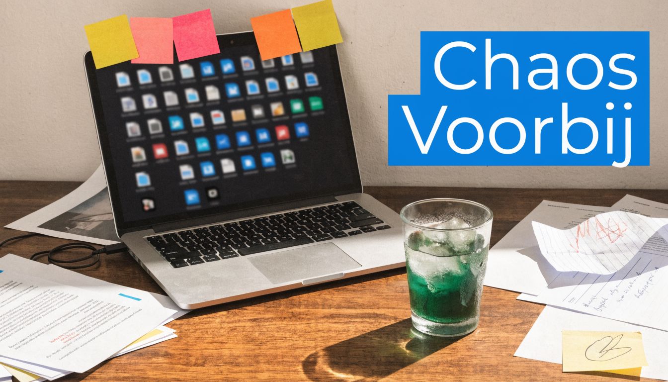 Een rommelig bureau met een laptop vol pictogrammen, documenten en een glas ijsthee met citroen.