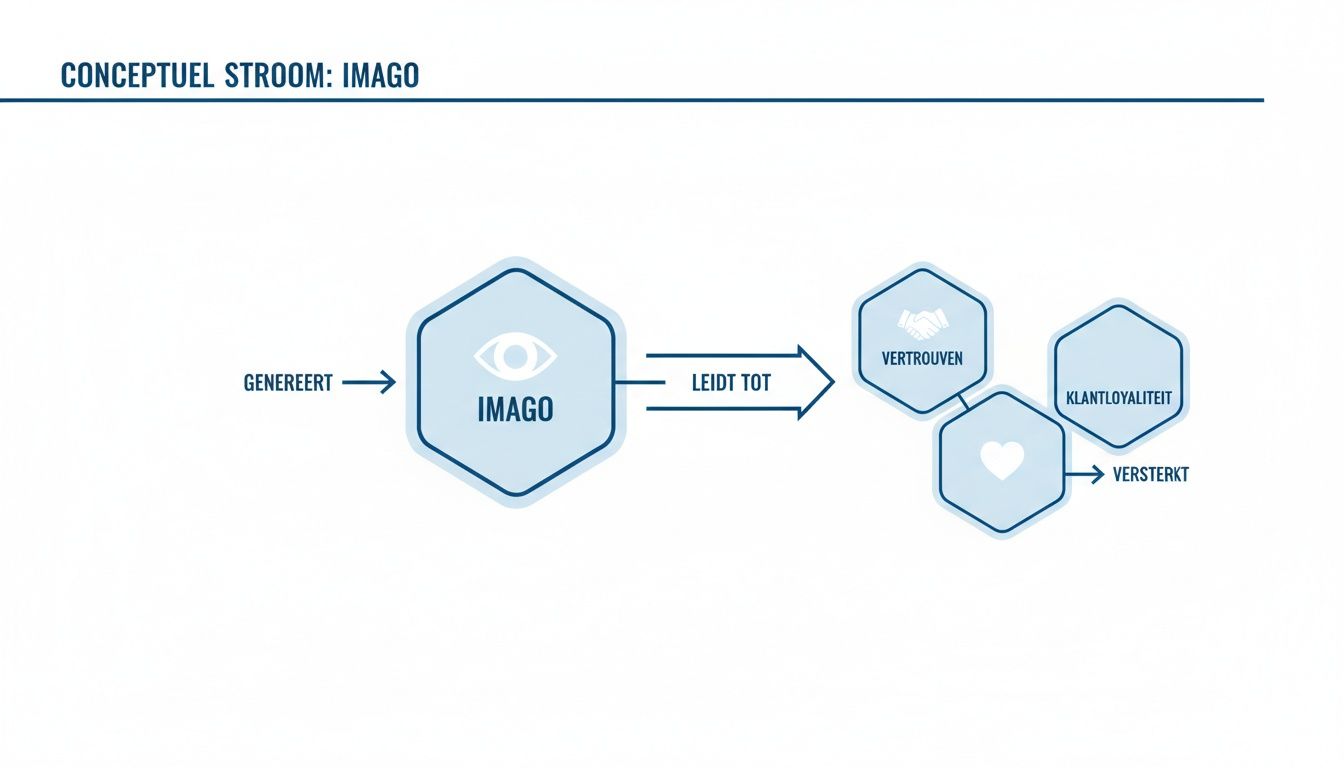 Een conceptueel stroomschema dat toont hoe 'Imago' leidt tot vertrouwen en uiteindelijk klantloyaliteit.