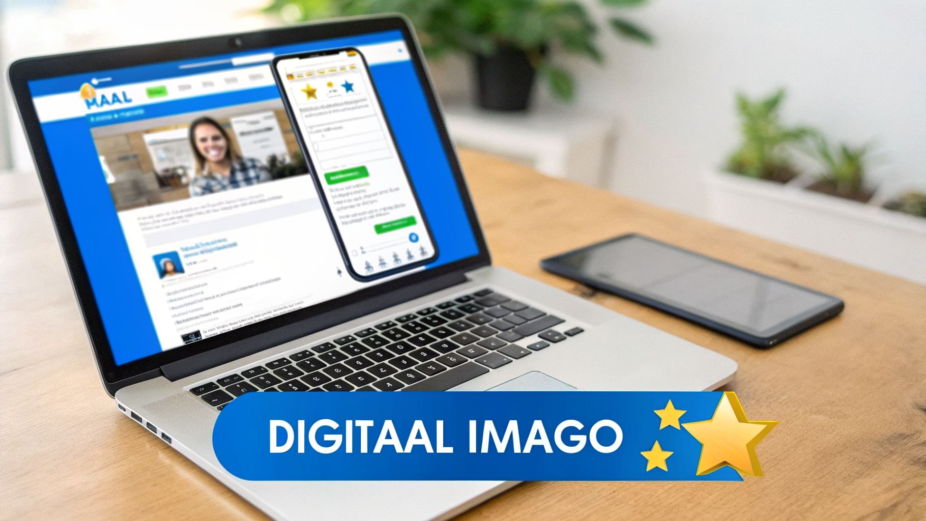 Laptop met website en smartphone met review app op een bureau, met de tekst 'DIGITAAL IMAGO' en sterren.