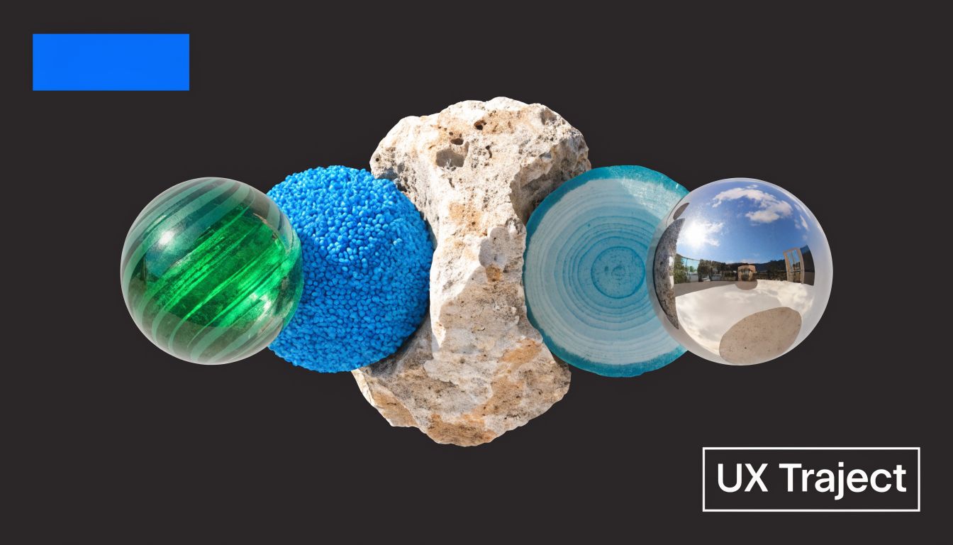 Een abstracte compositie met diverse texturen, stenen en reflecterende bollen tegen een donkere achtergrond voor UX-design.