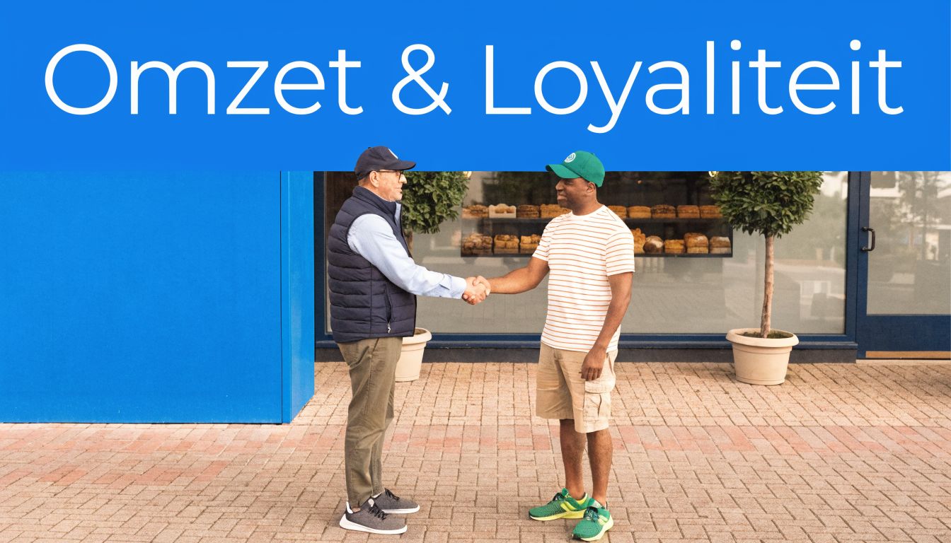 Twee mannen geven elkaar de hand voor een winkelgevel met de tekst Omzet & Loyaliteit erboven.