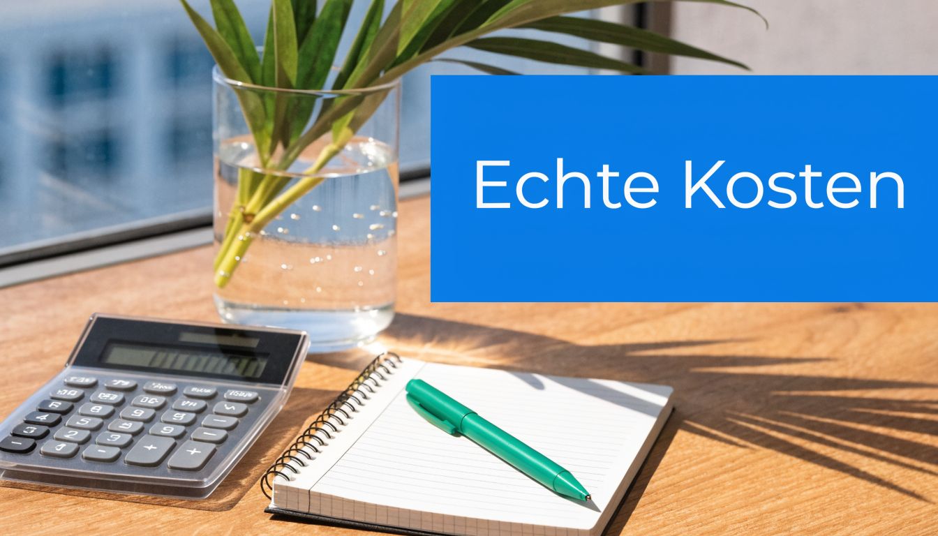 Een rekenmachine en een notitieblok met pen op een houten bureau met de tekst Echte Kosten.