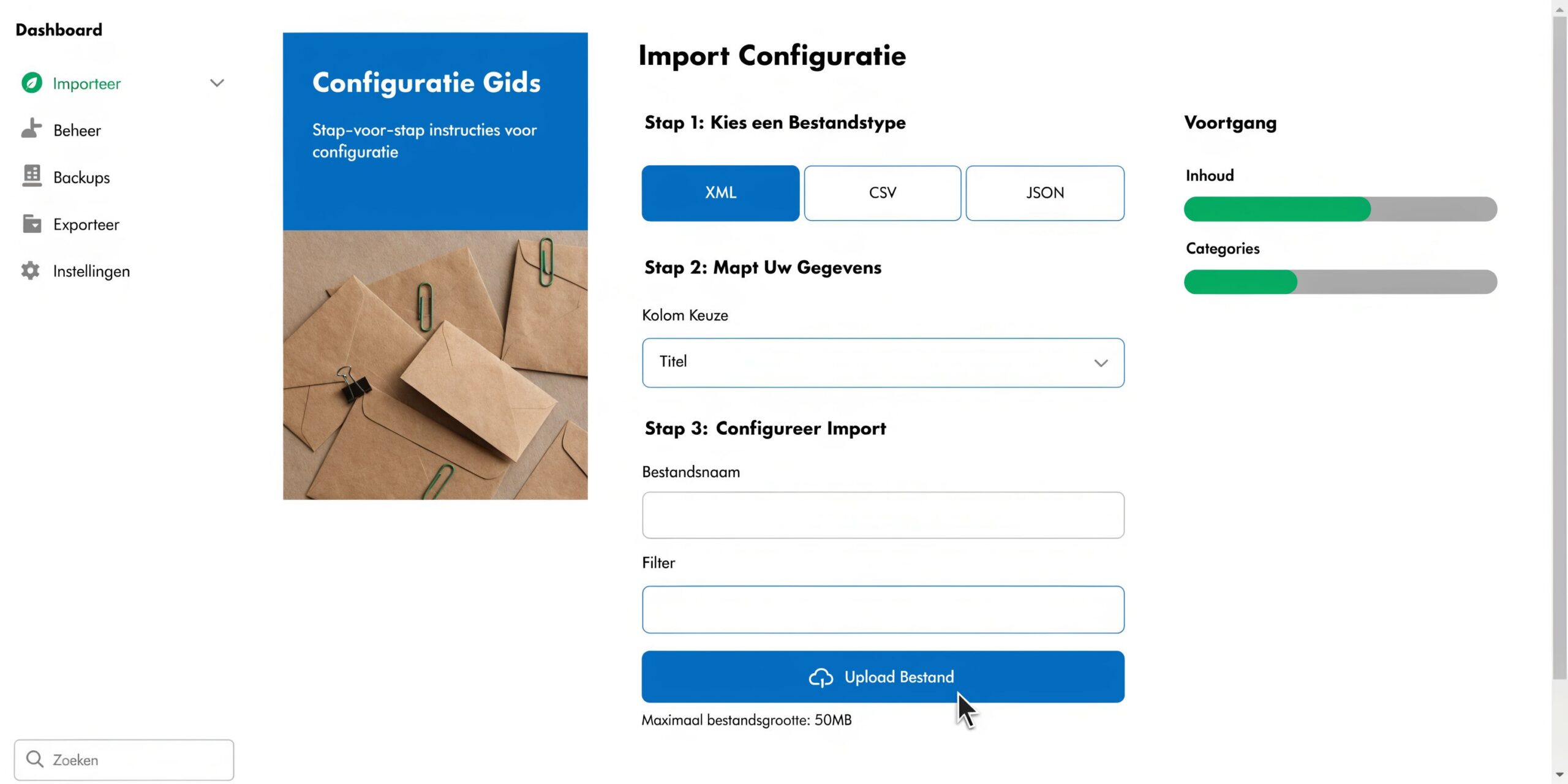 Een dashboard interface voor het importeren van configuratiebestanden in XML, CSV of JSON formaat met uploadfunctie.