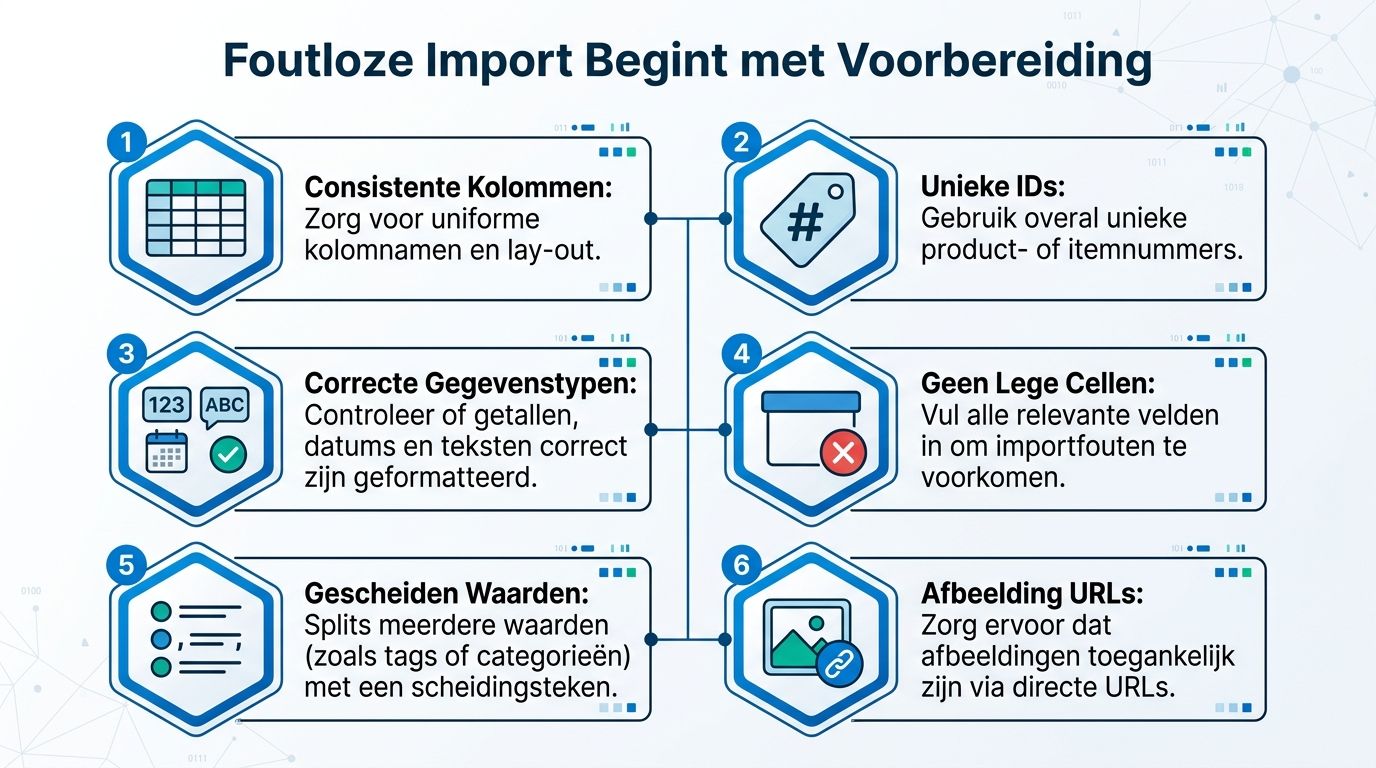 Een infographic met zes stappen voor een foutloze data-import met voorbereidingstips voor consistente en correcte gegevens.
