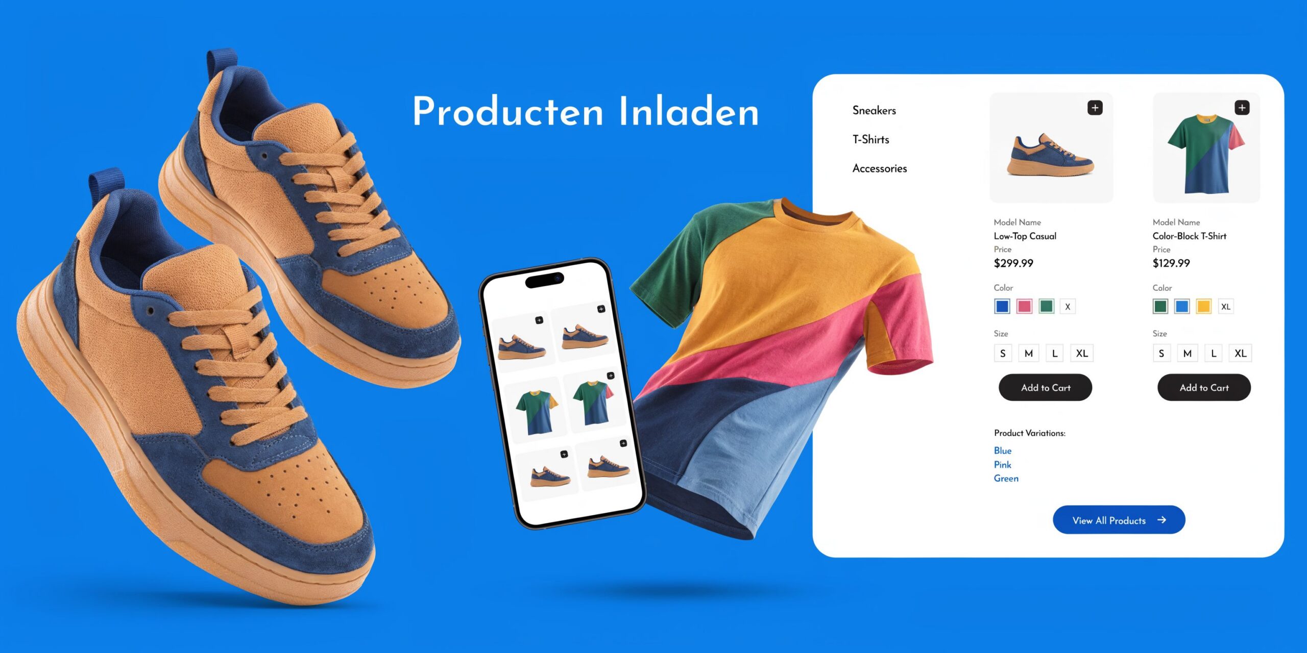 Een digitale interface toont een webshop met sneakers en kleurrijke t-shirts op een felblauwe achtergrond.