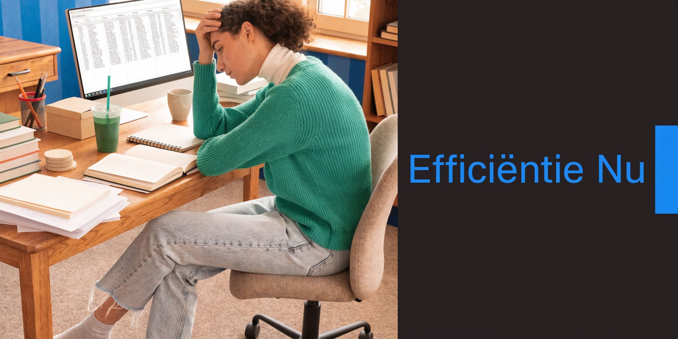 Een gestreste student zit achter een bureau met een computer en boeken tijdens het studeren.