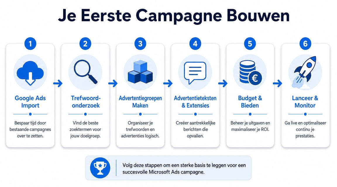 Een stappenplan met zes fasen voor het opzetten van een succesvolle Microsoft Ads-campagne voor online adverteren.