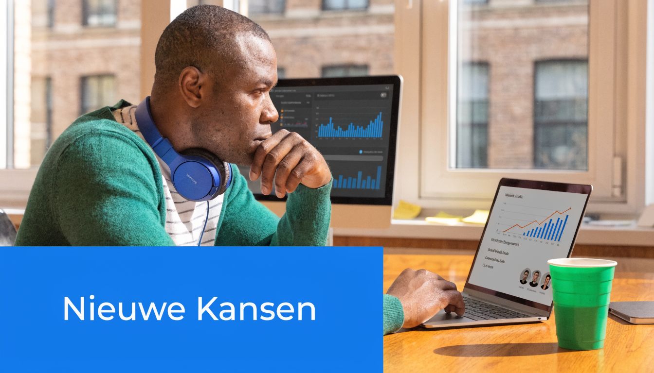 Een man met een koptelefoon werkt gefocust op een laptop met grafieken in een licht kantoor.