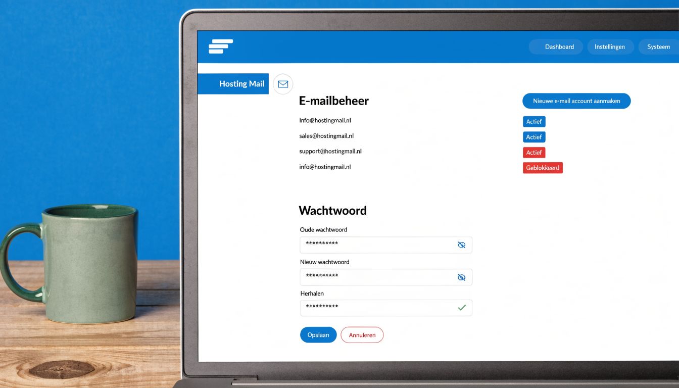 Een laptop scherm toont een instellingenpagina voor e-mailbeheer met opties om een wachtwoord te wijzigen.
