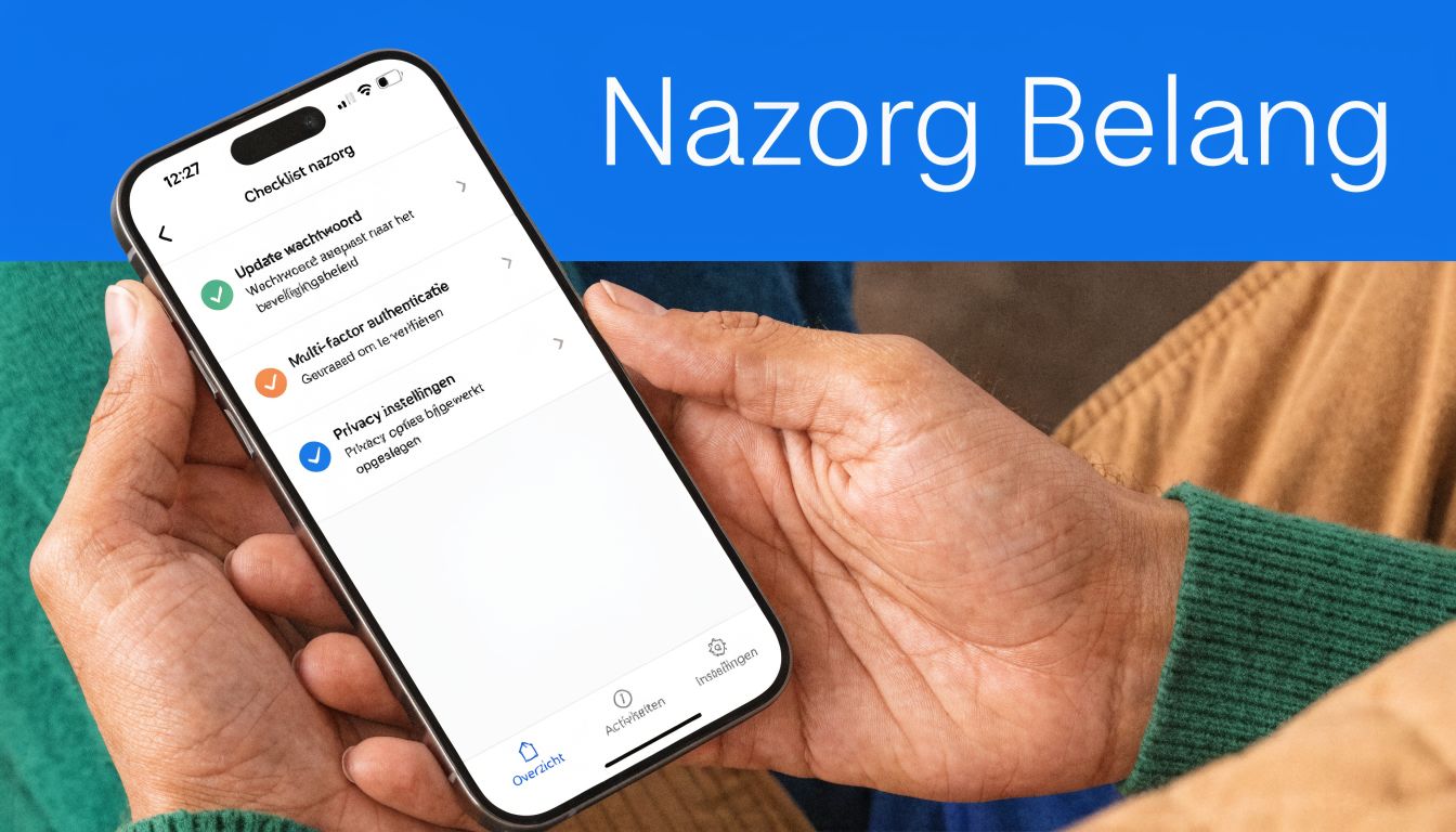 Een persoon houdt een smartphone vast die een checklist voor digitale beveiliging en wachtwoordbeheer toont.