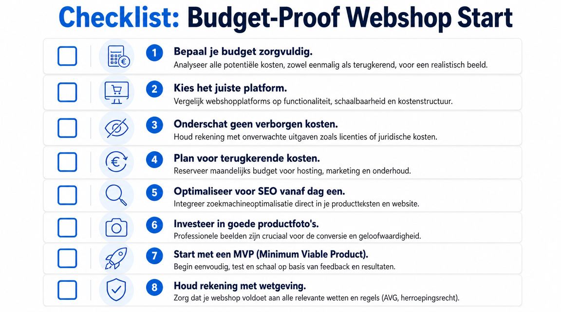 Een checklist voor het starten van een webshop met een beperkt budget, onderverdeeld in acht essentiële stappen.