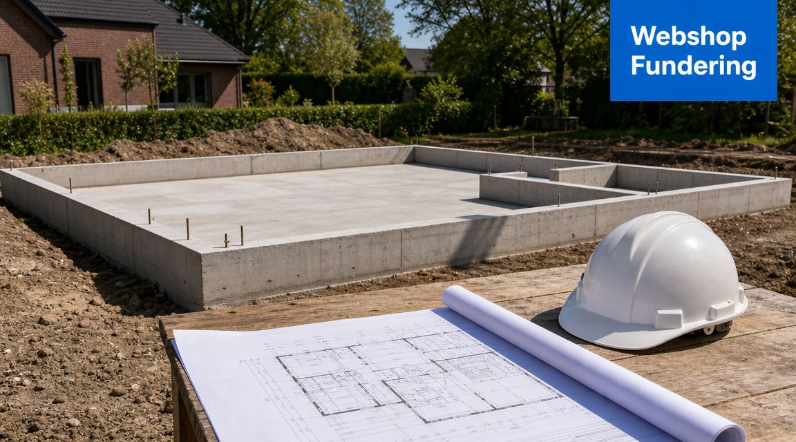Een bouwplaats met een betonnen fundament, bouwtekeningen en een witte veiligheidshelm op een houten tafel.