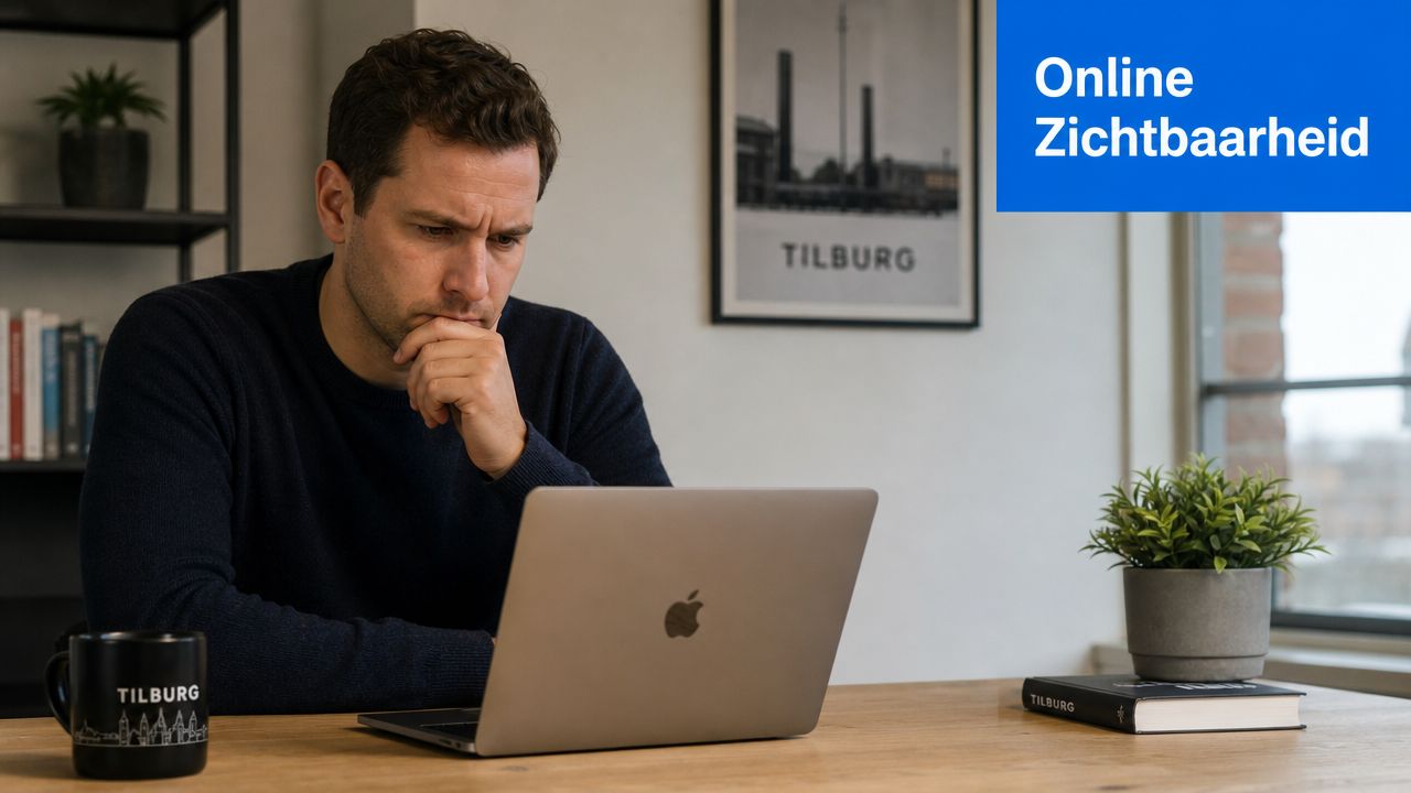 Een man kijkt geconcentreerd naar een laptop op een houten bureau in een modern kantoor met Tilburg decoratie.