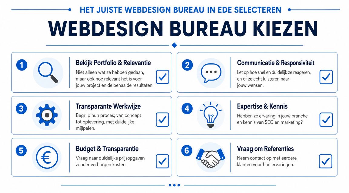 Een infographic met zes essentiële stappen voor het kiezen van het juiste webdesignbureau in Ede.