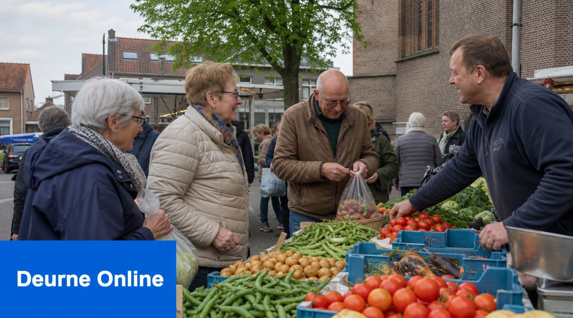 Een man verkoopt verse groenten aan oudere klanten op een gezellige markt in Deurne.