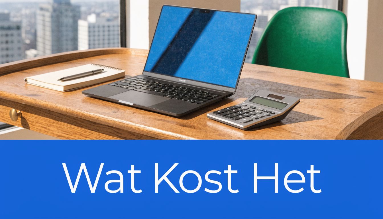 Een laptop, rekenmachine en notitieblok op een houten bureau met de tekst Wat Kost Het eronder.