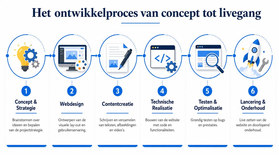 Een stappenplan infographic over het proces van het ontwikkelen van een website van concept tot livegang.