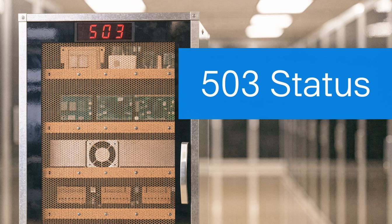 Een serverrack in een datacenter dat een 503 Service Unavailable foutmelding weergeeft op een digitaal scherm.