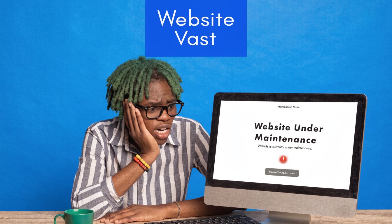 Een jongeman met groene dreadlocks kijkt gefrustreerd naar een computerscherm dat aangeeft dat de website onderhoud ondergaat.