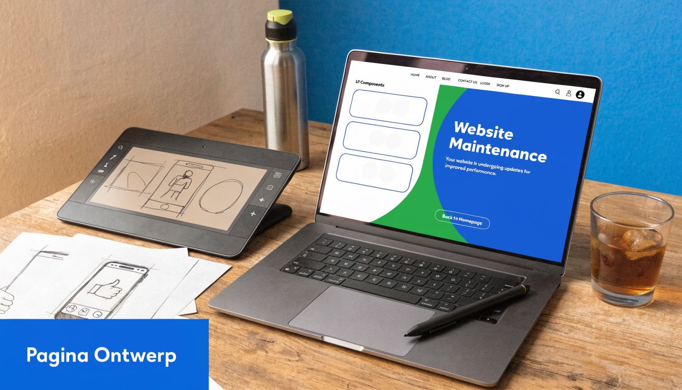 Een laptop en een tekentablet tonen een website-onderhoudspagina op een bureau met een glas drinken.