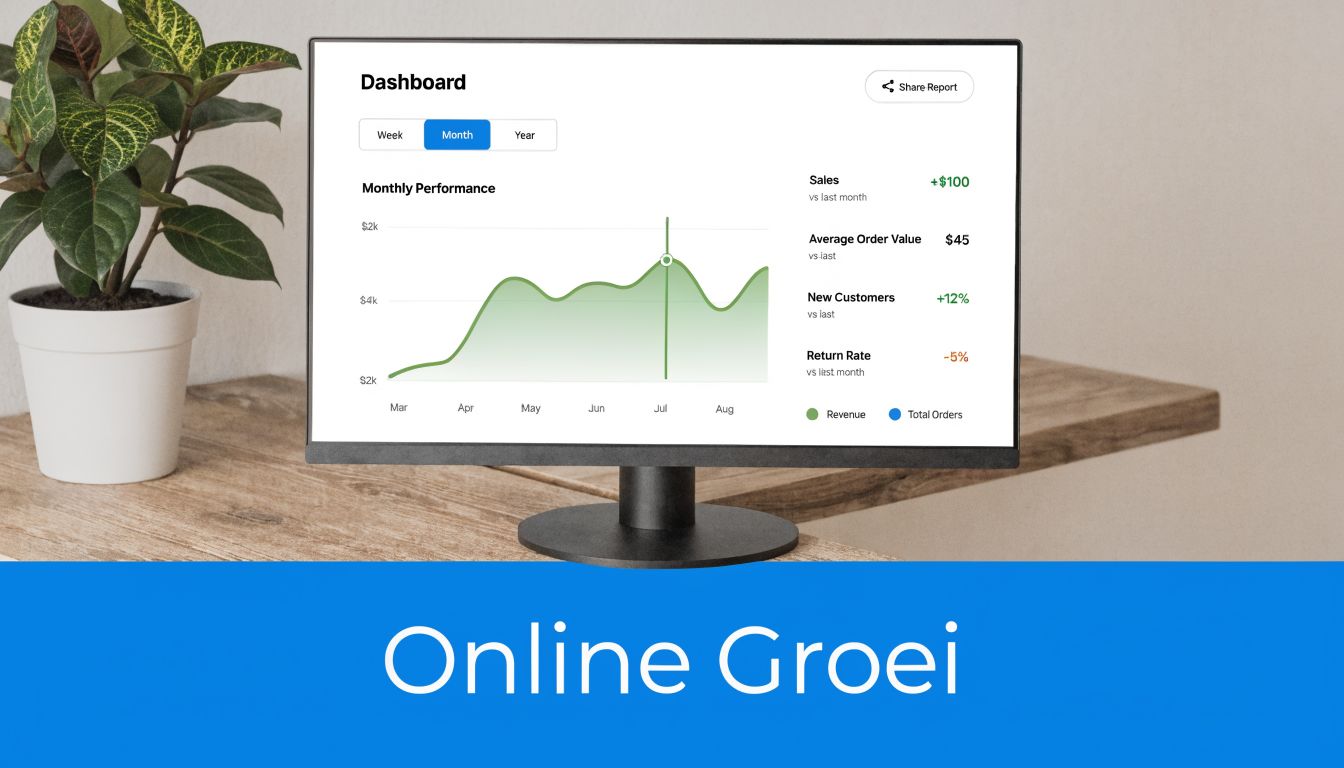 Een computermonitor op een houten bureau met een dashboard die online bedrijfsgroei en prestatiegegevens toont.