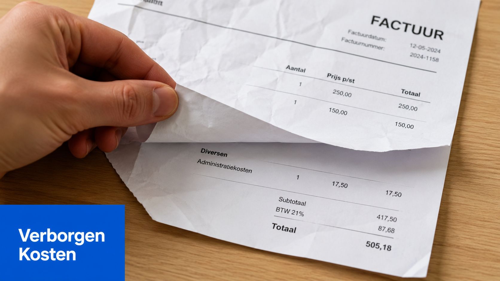 Een hand die een factuur met verborgen administratiekosten omhoog tilt om de onderliggende details zichtbaar te maken.