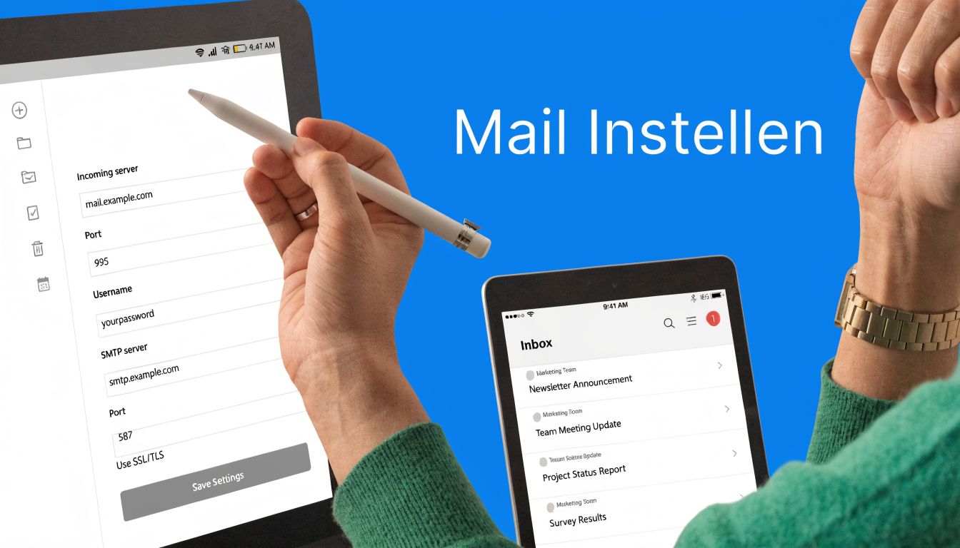 Een persoon stelt e-mailinstellingen in op een tablet en bekijkt de inbox op een ander scherm.