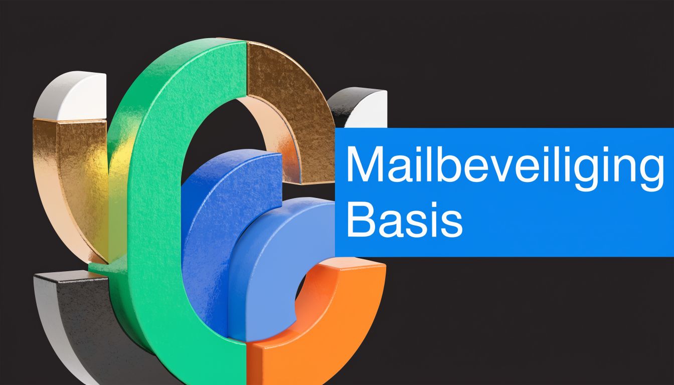 Een abstracte 3D-illustratie van kleurrijke cirkelsegmenten met de tekst Mailbeveiliging Basis op een blauwe achtergrond.