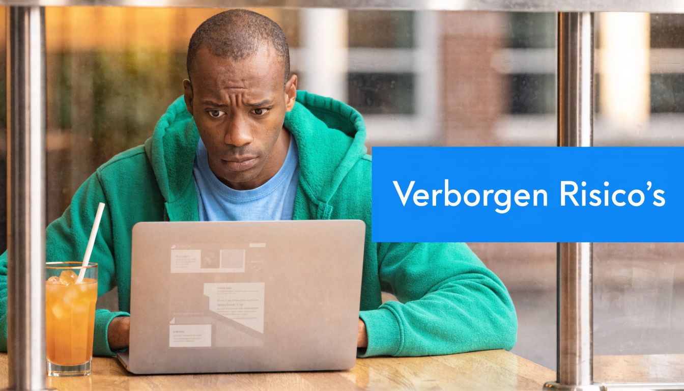 Een man met een verontruste blik kijkt naar zijn laptop terwijl hij in een café zit.