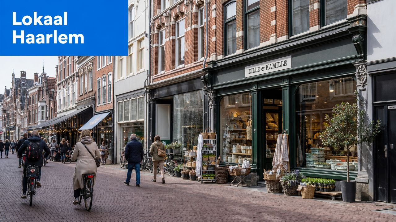 Een druk winkelstraatje in het historische centrum van Haarlem met mensen die lopen en fietsen.