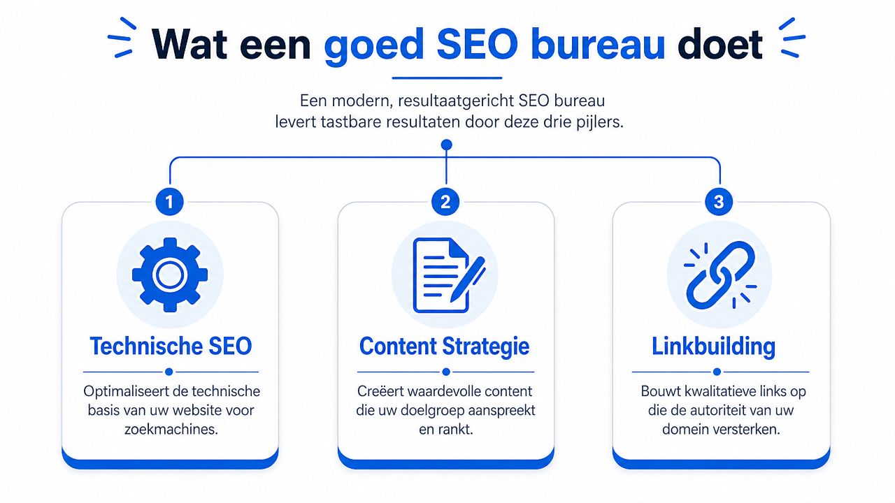 Een infographic over de drie pijlers van een goed SEO bureau: technische SEO, contentstrategie en linkbuilding.