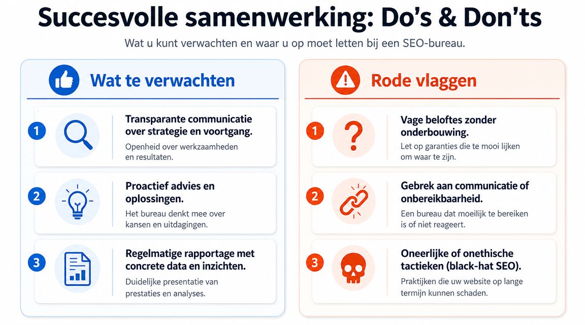 Een overzicht van do's en don'ts voor een succesvolle samenwerking met een professioneel SEO-bureau voor uw bedrijf.