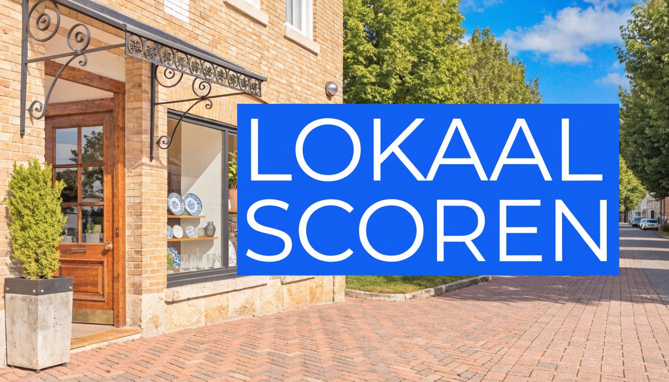 Een bakstenen winkelgevel met een houten deur en etalage onder een klassieke smeedijzeren luifel op een zonnige dag.