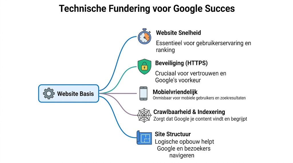 Een overzicht van de vijf technische pijlers voor een succesvolle Google ranking en website optimalisatie.