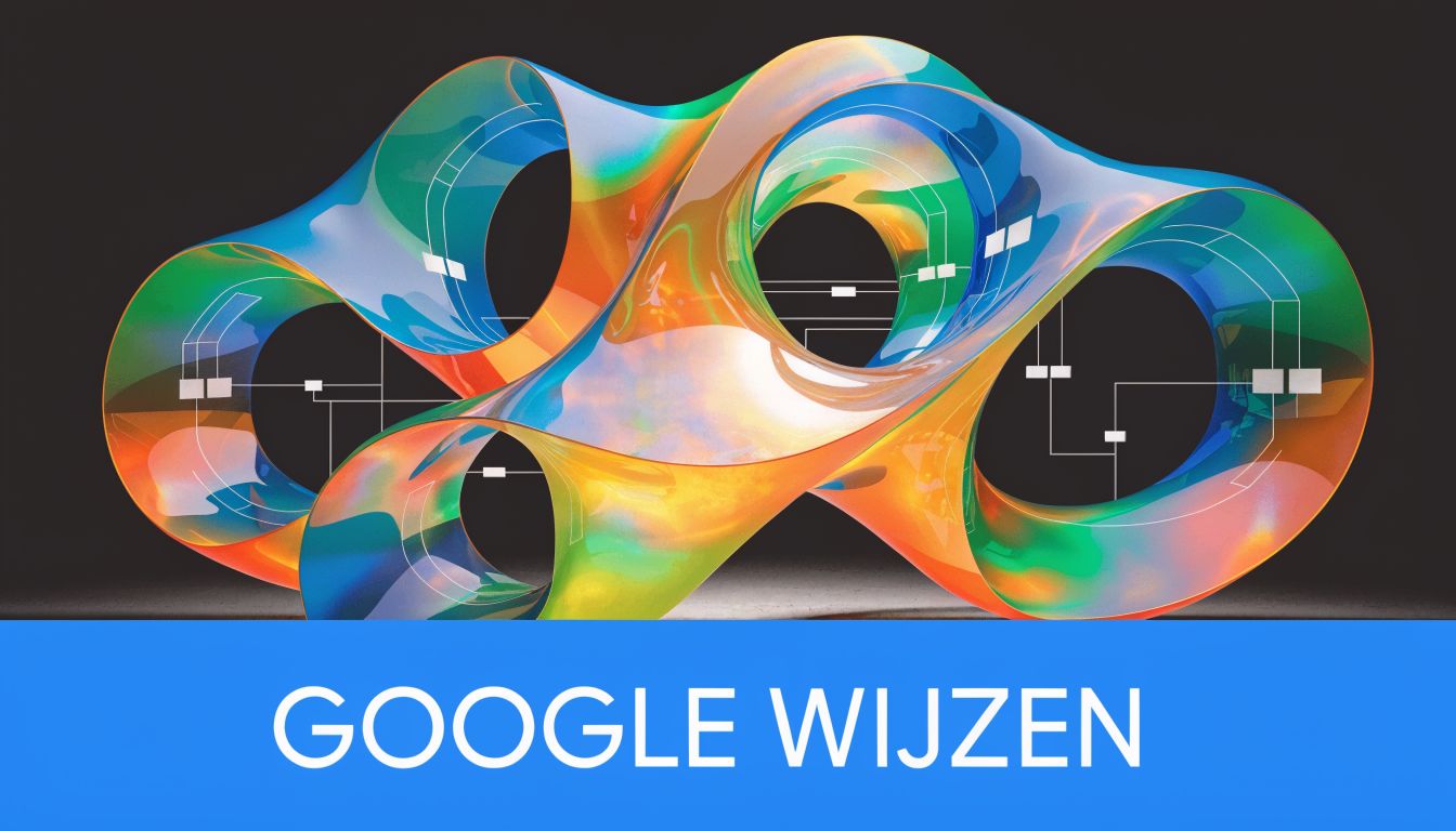 Een abstracte, kleurrijke 3D-vorm met technologische lijnen en het logo van Google Wijzen eronder weergegeven.